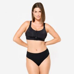Stanik sportowy dla kobiet po mastektomii Jog kokoon+ (wyrób medyczny). Czarne obuwie sportowe DECATHLON, z materiału, bez zapięcia, na fitness i siłownię. Za 149.99 zł.