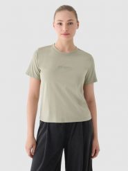 4F T-shirt regular z nadrukiem damski - oliwkowy/khaki M. Brązowe t-shirty 4f, m, bez wzorów, z bawełny, bez kołnierzyka, bez ramiączek. W wyprzedaży za 29.99 zł.