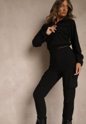 Czarny Komplet Dresowy Cargo Bluza ze Stójką i Spodnie Jogger Litene. Czarne bluzy sportowe Renee, l, bez wzorów, z dresówki, bez kaptura. Za 79.99 zł.