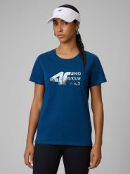 4F T-shirt regular z nadrukiem damski - turkusowy S. Niebieskie t-shirty 4f, s, bez wzorów, z bawełny, bez kołnierzyka, bez ramiączek. Za 59.99 zł.