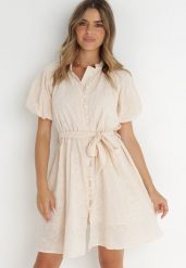 Jasnobeżowa Sukienka z Bawełny Zanpey. Brązowe sukienki Born2be, m, bez wzorów, z bawełny, eleganckie, bez kołnierzyka, bez ramiączek, mini, rozkloszowane. Za 169.99 zł.