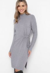 Szara Sukienka Mini ze Sweterkowego Materiału z Półgolfem Ściągana Sznurkiem Docaliva. Szare sukienki Born2be, m, bez wzorów, bez kołnierzyka, bez ramiączek, mini. Za 84.99 zł.