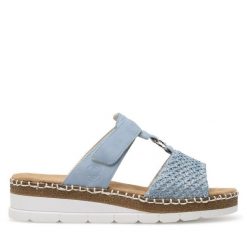 Klapki Rieker. Niebieskie klapki Rieker, bez wzorów, bez obcasa. Za 299.99 zł.