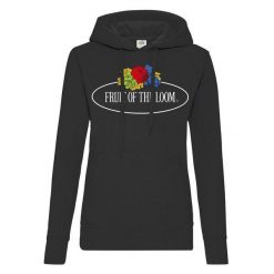 Damska Bluza Z Kapturem Z Nadrukiem Logo W Stylu Vintage. Czarne bluzy FRUIT OF THE LOOM, xl, bez wzorów, z kapturem. Za 114.99 zł.