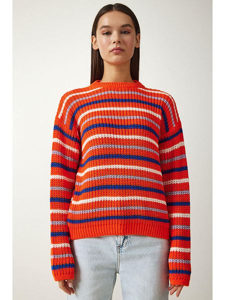 Happiness Istanbul Sweter w kolorze granatowo-kremowo-pomarańczowym rozmiar: onesize. Białe swetry Happiness Istanbul, bez wzorów, ze splotem, bez ramiączek. Za 65.07 zł.