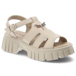 Sandały damskie Vinceza, cholewka ze skóry naturalnej licowej ażurowe wycięcia z przodu, beżowe, 79627. Brązowe sandały VINCEZA, w ażurowe wzory, ze skóry, eleganckie, bez obcasa, na obcasie, bez zapięcia. Za 159.00 zł.