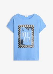 T-shirt z czystej bawełny organicznej. Niebieskie t-shirty bonprix, bez wzorów, z bawełny, bez kołnierzyka, bez ramiączek. Za 52.99 zł.