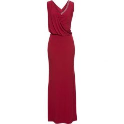 Sukienka wieczorowa ze sztrasami bonprix ciemnoczerwony. Czerwone sukienki bonprix, z aplikacjami, eleganckie, bez kołnierzyka, bez ramiączek, kopertowe. Za 79.99 zł.