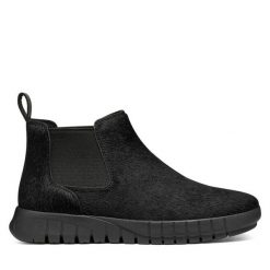 Sztyblety Geox. Czarne botki Geox, bez wzorów, bez obcasa, na płaskiej podeszwie, bez zapięcia. Za 589.99 zł.