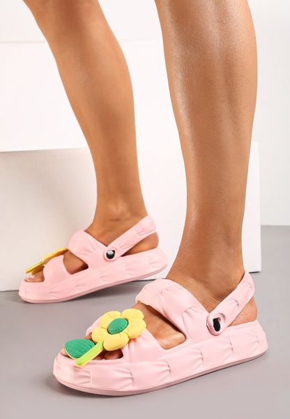 Różowe Sandały Ozdobione Kwiatkiem z Paskiem na Piętę Orialis. Czerwone klapki Born2be, bez wzorów, eleganckie, bez obcasa, na płaskiej podeszwie, bez zapięcia. Za 49.99 zł.