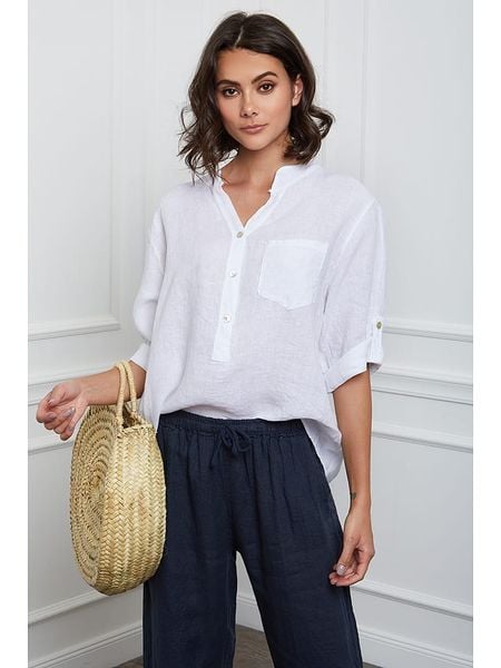 Fleur de Lin Lniana bluzka "Helly" w kolorze białym rozmiar: S. Białe bluzki Fleur de Lin, s, bez wzorów, ze lnu, bez kołnierzyka, bez ramiączek. Za 122.38 zł.