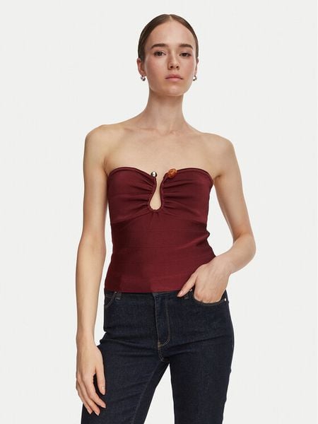 Guess Top W6YR37 Z1042 Bordowy Slim Fit. Czerwone topy Guess, xs, z aplikacjami, z wiskozy, bez kołnierzyka, bez ramiączek. Za 394.99 zł.