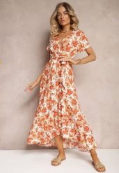 Pomarańczowa Rozkloszowana Sukienka z Wiskozy z Gumką w Pasie i Materiałowym Paskiem Vikllia. Brązowe sukienki Renee, na lato, l, bez wzorów, z materiału, eleganckie, bez kołnierzyka, bez ramiączek, maxi, dopasowane. Za 99.99 zł.