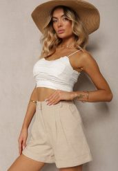 Beżowe Luźne Szorty Bermudy z Bawełny High Waist Farsefia. Brązowe szorty Renee, bez wzorów, z bawełny, z podwyższonym stanem. Za 89.99 zł.