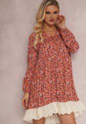 Pomarańczowa Sukienka Xylaene. Brązowe sukienki Renee, l, z aplikacjami, z koronki, klasyczne, bez kołnierzyka, bez ramiączek, mini, rozkloszowane. Za 49.99 zł.