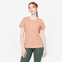 Koszulka z krótkim rękawem damska Domyos Gym & Pilates. Bluzki DOMYOS, xl, bez wzorów, z bawełny, sportowe, bez kołnierzyka, bez ramiączek. Za 19.99 zł.