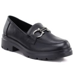 Skórzane półbuty damskie lordsy czarne Jezzi JH03-2. Czarne lordsy Jezzi, bez wzorów, ze skóry, bez obcasa, bez zapięcia. Za 189.99 zł.