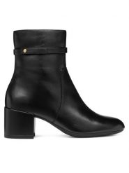 Geox Botki D Eleana D56TWC 00085 C9999 Czarny. Czarne botki Geox, bez wzorów, ze skóry, bez obcasa, na słupku, bez zapięcia. Za 639.99 zł.