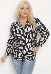 Granatowa Koszula z Wiskozą Zdobiona Geometrycznym Wzorem Melivis. Niebieskie koszule Born2be, plus size, z aplikacjami, z jeansu, eleganckie, bez kołnierzyka, plus size, bez ramiączek. Za 69.99 zł.