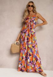 Pomarańczowo-Fioletowa Kopertowa Sukienka z Wiskozy na Ramiączkach i Gumką w Talii Tiamali. Brązowe sukienki Renee, na co dzień, m, bez wzorów, z wiskozy, eleganckie, bez kołnierzyka, bez ramiączek, maxi, kopertowe. Za 69.99 zł.