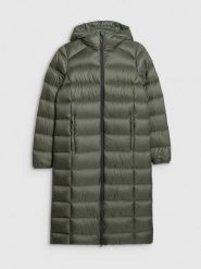 4F Płaszcz puchowy z wypełnieniem naturalnym damski - khaki S. Brązowe płaszcze 4f, na zimę, s, bez wzorów, z materiału, bez kaptura. Za 799.99 zł.