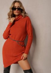 Czerwona Sukienka ze Sweterkowej Dzianiny z Golfem i Wycięciem na Dole Weronitte. Brązowe sukienki Renee, na co dzień, l, bez wzorów, z dzianiny, klasyczne, bez kołnierzyka, bez ramiączek, mini. Za 69.99 zł.