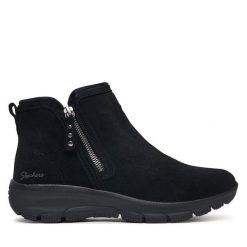 Botki Skechers. Czarne botki Skechers, bez wzorów, bez obcasa, na płaskiej podeszwie, bez zapięcia. Za 399.99 zł.