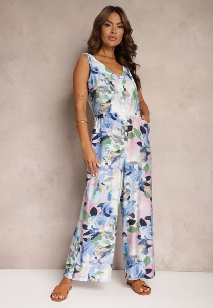 Niebieski Taliowany Kombinezon na Ramiączkach w Kwiatowy Wzór Ilvitela. Niebieskie sukienki Renee, na lato, m, bez wzorów, eleganckie, bez kołnierzyka, bez ramiączek. Za 109.99 zł.