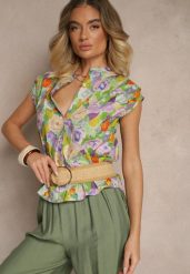 Fioletowo-Zielona Koszula z Bawełny w Kwiaty Natilea. Fioletowe koszule Renee, l, bez wzorów, z bawełny, eleganckie, bez kołnierzyka, bez ramiączek. Za 69.99 zł.
