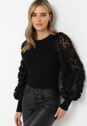 Czarny Sweter z Elastycznego Materiału i Zdobionymi Rękawami ze Ściągaczami Olufemi. Czarne swetry Born2be, s, z aplikacjami, bez ramiączek. Za 129.99 zł.