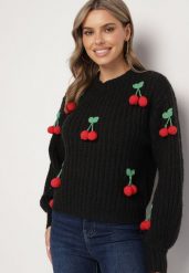 Czarny Sweter z Aplikacjami Wisienek o Klasycznym Fasonie Dintinnia. Czarne swetry Born2be, m, z aplikacjami, z jeansu, bez ramiączek. Za 159.99 zł.