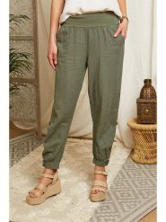 Lin Passion Lniane spodnie w kolorze khaki rozmiar: 38/40. Brązowe spodnie materiałowe Lin Passion, bez wzorów, ze lnu, z podwyższonym stanem. Za 166.88 zł.