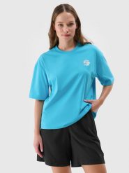 4F T-shirt oversize z nadrukiem damski - turkusowy S. Niebieskie t-shirty 4f, s, bez wzorów, z bawełny, bez kołnierzyka, bez ramiączek. W wyprzedaży za 39.99 zł.