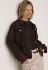 Ciemnobrązowa Bawełniana Kurtka Jeansowa Perimea. Brązowe kurtki Born2be, l, bez wzorów, z bawełny, bez kaptura. Za 149.99 zł.