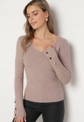 Beżowy Sweter z Dekoltem V i Ozdobnymi Guzikami na Rękawach Atterisa. Brązowe swetry Born2be, m, bez wzorów, z jeansu, bez ramiączek. Za 89.99 zł.