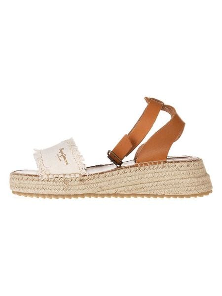 Pepe Jeans FOOTWEAR Skórzane sandały w kolorze biało-jasnobrązowym na koturnie rozmiar: 38. Białe sandały Pepe Jeans FOOTWEAR, bez wzorów, z jeansu, z otwartym noskiem, bez obcasa, na koturnie, bez zapięcia. Za 113.63 zł.
