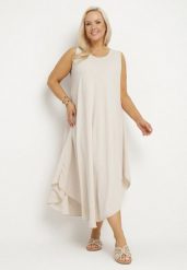 Jasnobeżowa Rozkloszowana Sukienka z Bawełną Nairilo. Brązowe sukienki Born2be, na spacer, na lato, xl, bez wzorów, z bawełny, eleganckie, bez kołnierzyka, bez ramiączek, midi, rozkloszowane. Za 74.99 zł.