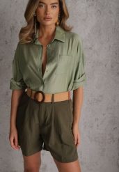 Zielone Szorty Casual z Wiskozą High Waist Ozdobione Paskiem z Plecionki Kailee. Zielone szorty Renee, bez wzorów, z materiału, casualowe, z podwyższonym stanem. Za 99.99 zł.