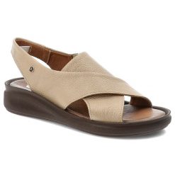 Sandały damskie Armodo, cholewka ze skóry naturalnej o delikatnej ziarnistej strukturze szerokie krzyżujące się paski odkryty fason, beżowe, 40392. Brązowe sandały Armodo, bez wzorów, ze skóry, bez obcasa, bez zapięcia. Za 319.00 zł.