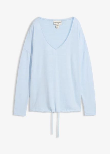Bluza oversize z materiału w optyce dzianiny. Niebieskie bluzy bonprix, bez wzorów, z dzianiny, bez kaptura. Za 127.99 zł.