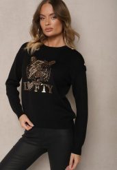 Czarny Sweter z Wiskozą Naszywką Napisem i Cyrkoniami Lilrae. Czarne swetry Renee, z aplikacjami, z wiskozy, bez ramiączek. Za 119.99 zł.