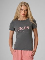 4F T-shirt slim z nadrukiem damski - szary M. Szare t-shirty 4f, m, bez wzorów, z dzianiny, bez kołnierzyka, bez ramiączek. Za 59.99 zł.