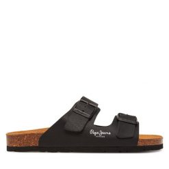 Klapki Pepe Jeans. Czarne klapki Pepe Jeans, bez wzorów, z jeansu, bez obcasa. Za 179.99 zł.