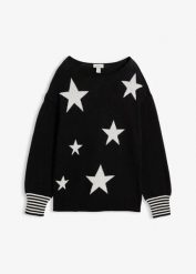 Sweter żakardowy z nadrukiem w gwiazdy, z mieszanki bawełny. Czarne swetry bonprix, bez wzorów, z bawełny, bez ramiączek. Za 109.99 zł.