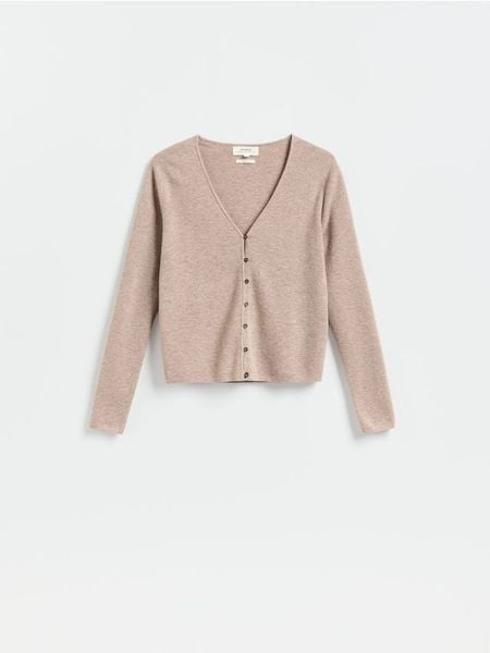 Wełniany kardigan - beżowy. Brązowe kardigany Reserved, l, bez wzorów, z wełny. Za 239.99 zł.