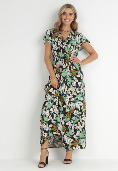 Zielono-Czarna Sukienka w Kwiaty z Wiskozy z Kopertowym Dekoltem Narma. Zielone sukienki Born2be, l, bez wzorów, z tkaniny, bez kołnierzyka, bez ramiączek, maxi, kopertowe. Za 79.99 zł.