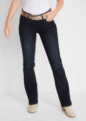 Dżinsy ze stretchem o kroju bootcut, mid waist. Niebieskie jeansy bonprix, bez wzorów. Za 129.99 zł.