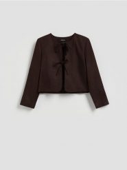 Marynarka z lnem i wiskozą - ciemnobrązowy. Brązowe marynarki i żakiety Reserved, l, bez wzorów, z tkaniny. Za 159.99 zł.