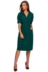 Sukienka Szmizjerka z Dużymi Kieszeniami - Zielona. Zielone sukienki MOE, l, bez wzorów, z elastanu, wizytowe, bez kołnierzyka, bez ramiączek, szmizjerki. Za 324.90 zł.