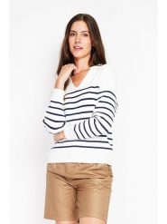 William de Faye Sweter w kolorze biało-granatowym rozmiar: 38. Białe swetry William de Faye, bez wzorów, bez ramiączek. Za 104.99 zł.